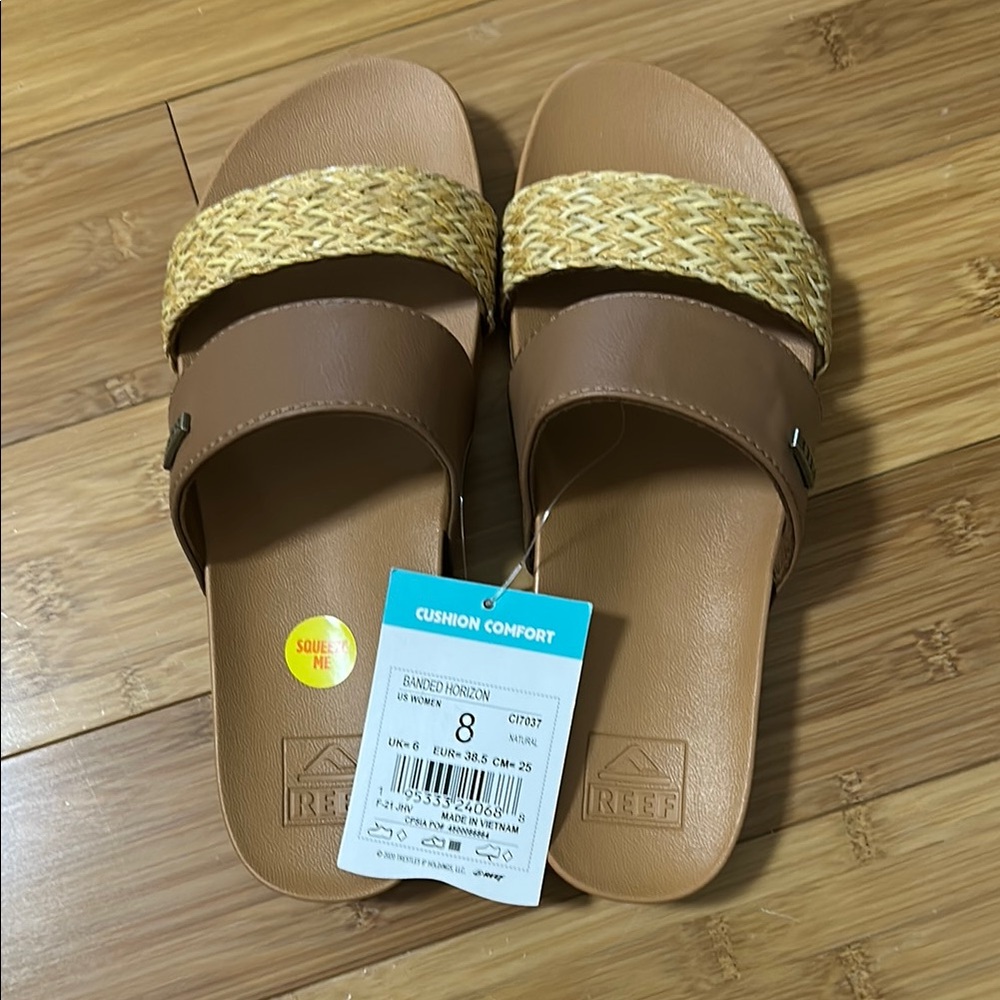 Reef Brown and Tan Slide Sandals with Woven Straps NWT size 8